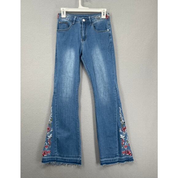 Boutique Denim - Boutique Embroidered Flare Jeans Womens 4 Bell Bottom Boho Hippie Stretch Denim